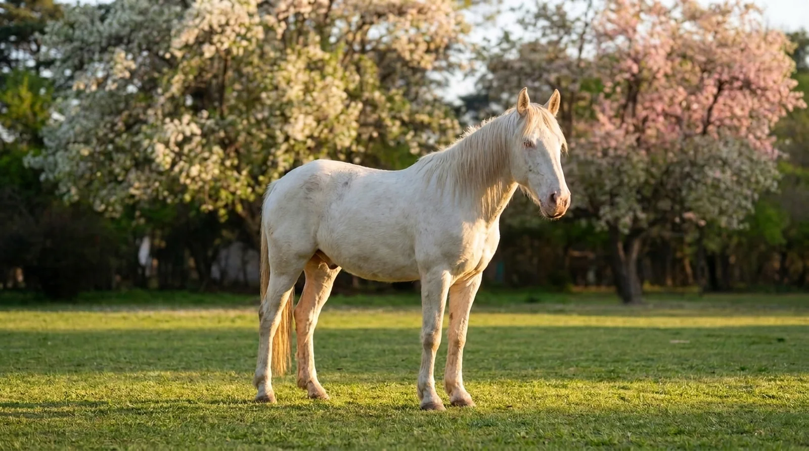 El caballo blanco en el parque del vivero, con los árboles en flor atrás